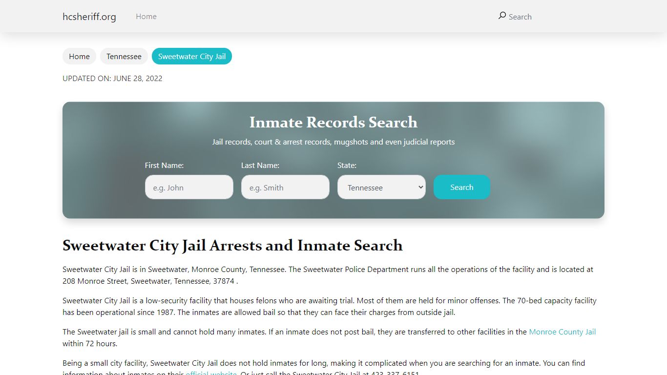 Sweetwater City Jail Arrests and Inmate Search - hcsheriff.org